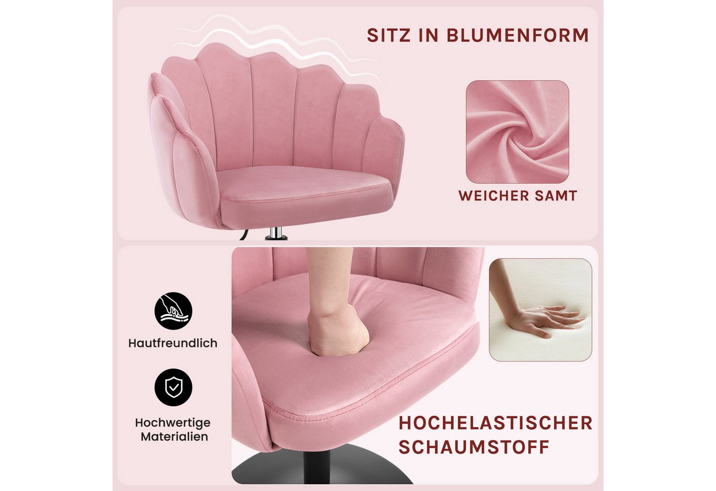 Woltu Bürostuhl (1 St), Schminkstuhl, mit Lehne, höhenverstellbar, drehbar, Samt – Bild 5 von 5