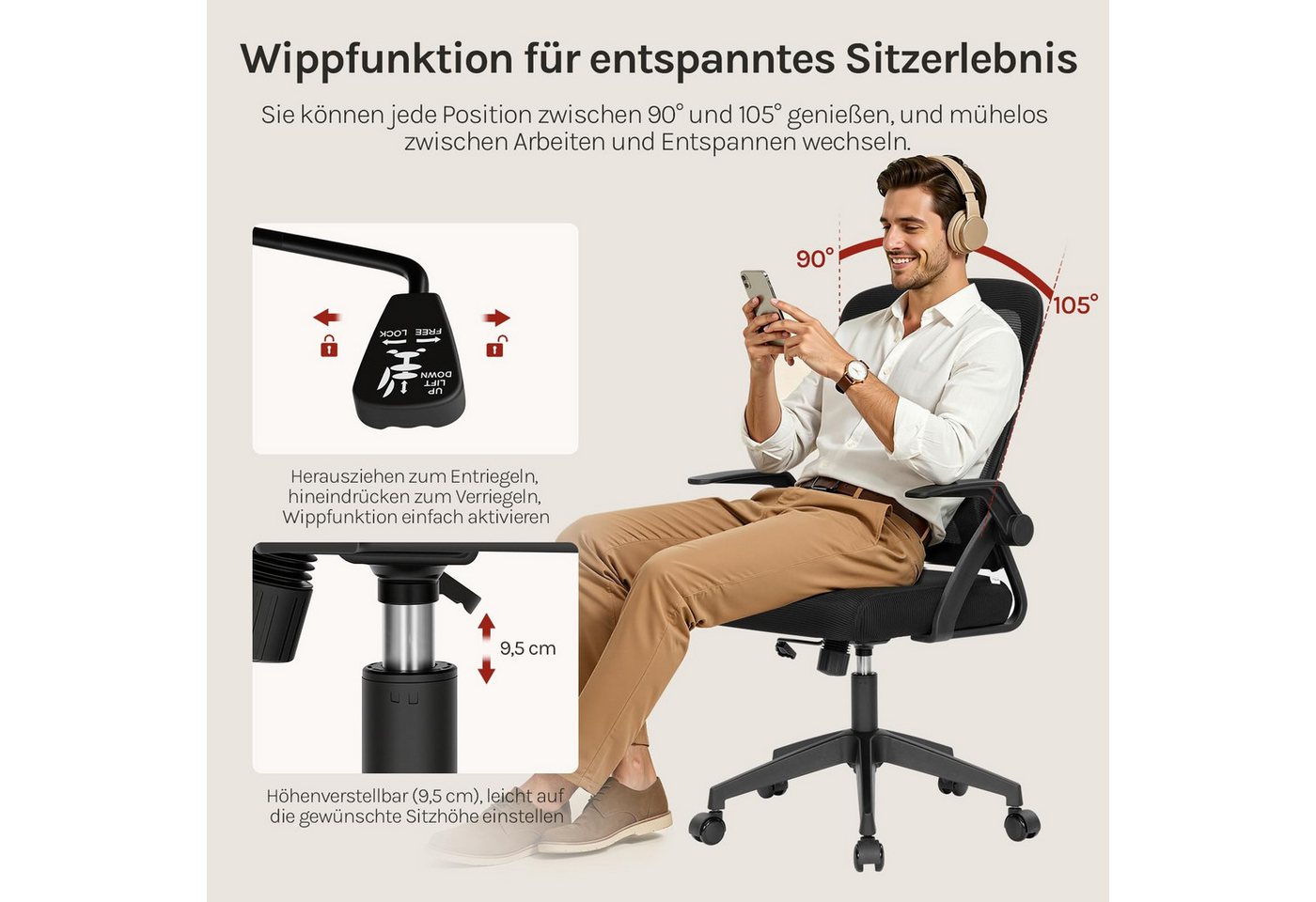 Woltu Bürostuhl, Schreibtischstuhl mit Lendenwirbelstütze, Armlehnen verstellbar – Bild 5 von 5