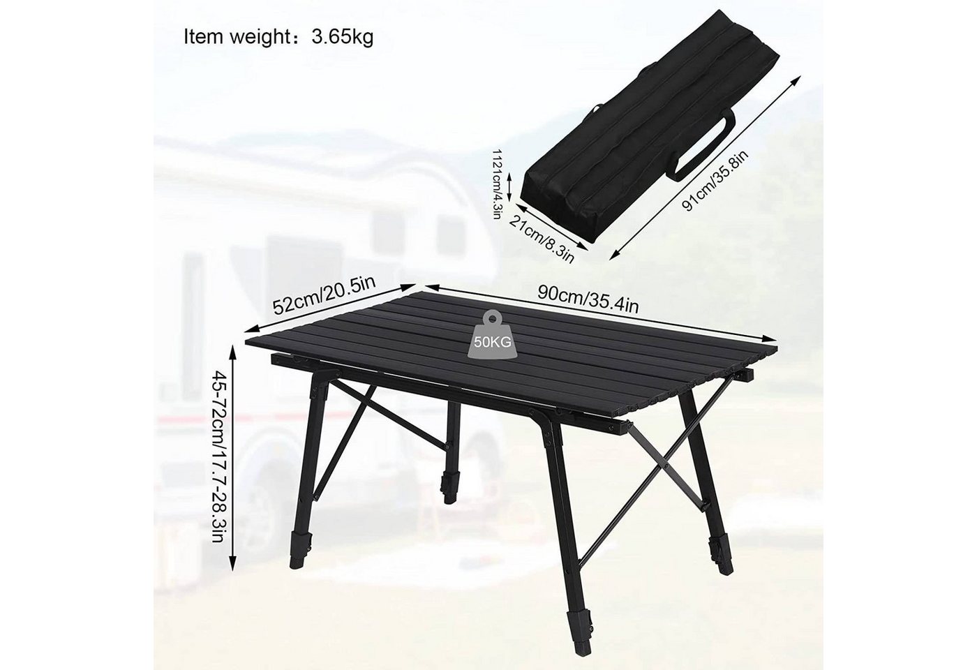 Woltu Campingtisch (1-St), klappbar, Gartentisch aus Alu, Balkontisch höhenverstellbar, 90x52cm – Bild 3 von 5