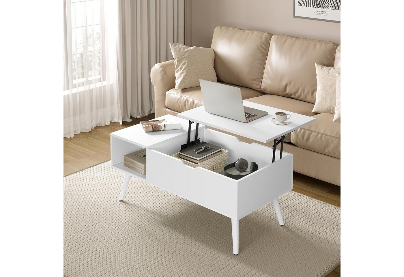 Woltu Couchtisch (1-St), Verstecktes Fach unter der Tischplatte, Anhebbare tischplatte – Bild 2 von 5