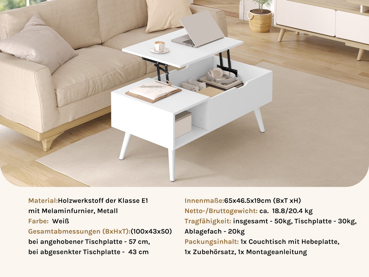 Woltu Couchtisch (1-St), Verstecktes Fach unter der Tischplatte, Anhebbare tischplatte – Bild 5 von 5