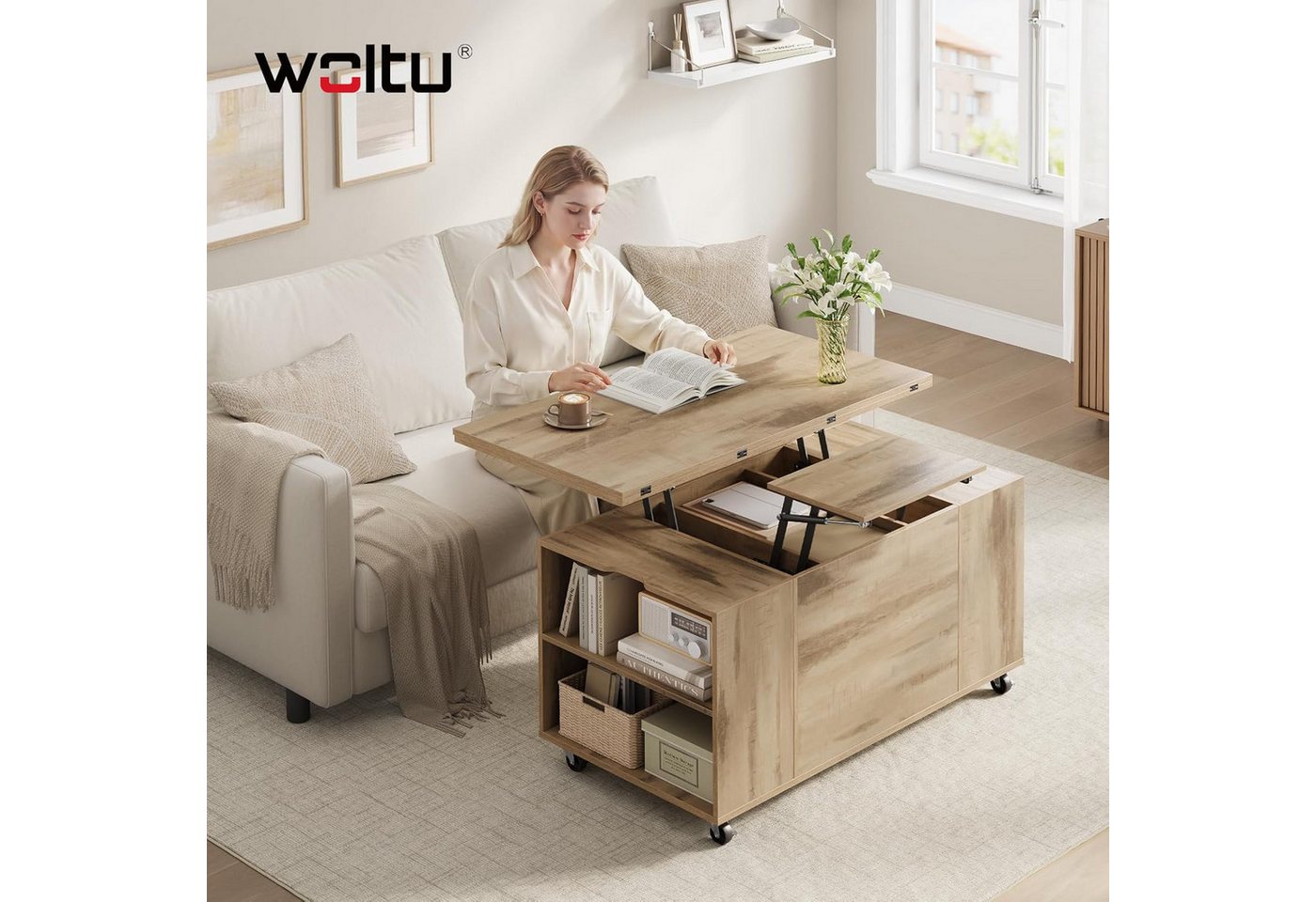 Woltu Couchtisch (1-St), höhenverstellbar mit Rollen, Hebeplatte Schublade – Bild 2 von 5