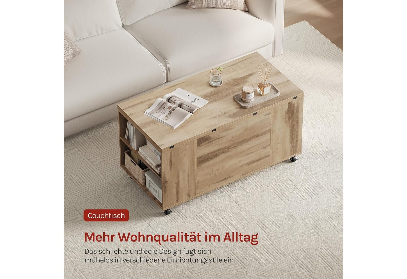 Woltu Couchtisch (1-St), höhenverstellbar mit Rollen, Hebeplatte Schublade – Bild 4 von 5
