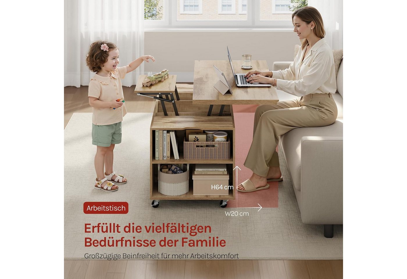 Woltu Couchtisch (1-St), höhenverstellbar mit Rollen, Hebeplatte Schublade – Bild 5 von 5