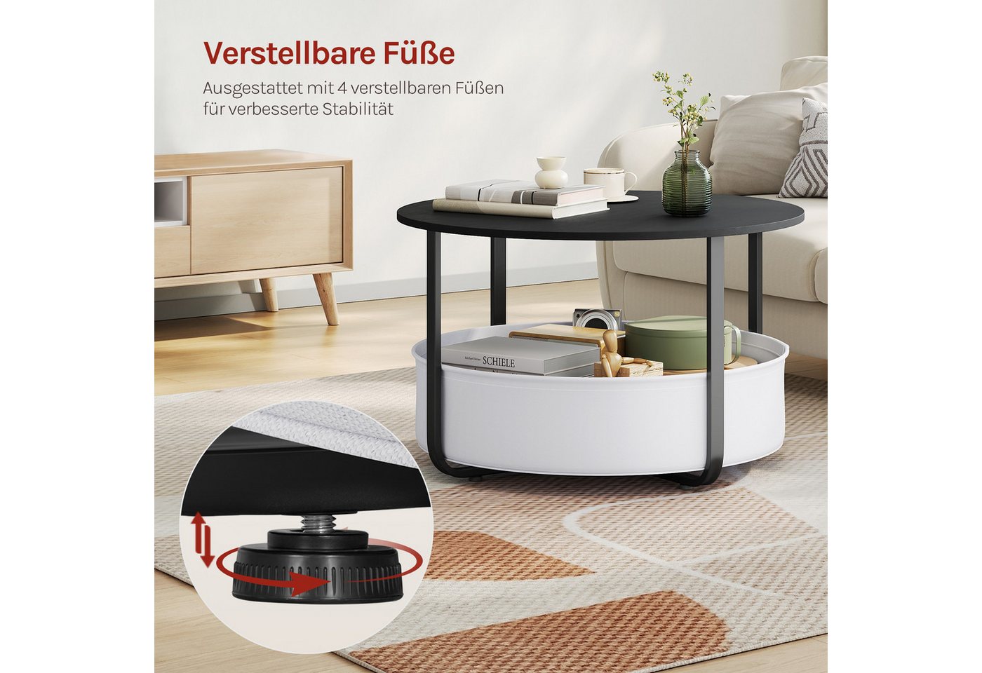 Woltu Couchtisch (1-St), Runder Nachttisch mit Aufbewahrungskorb aus PB-Platte Metall Segeltuch – Bild 5 von 5