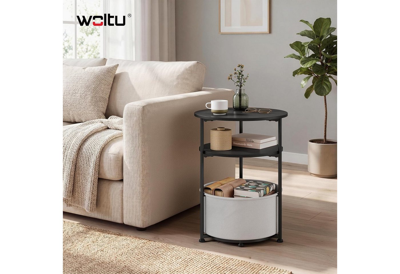 Woltu Couchtisch (1-St), dreistufiger Kleiner Beistelltisch, nachttisch rund, MDF – Bild 2 von 5