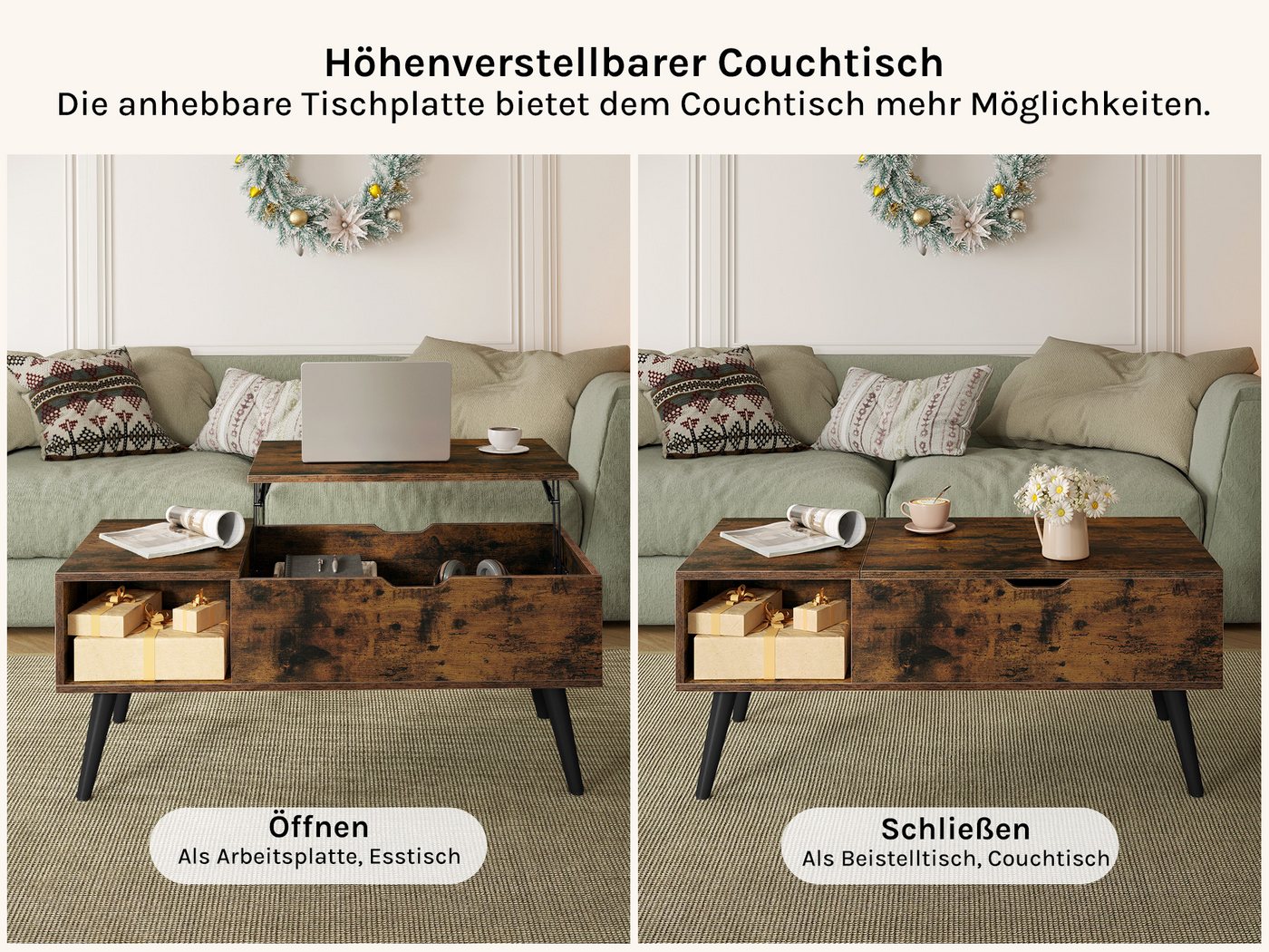 Woltu Couchtisch (1-St), Verstecktes Fach unter der Tischplatte, Anhebbare tischplatte – Bild 4 von 5