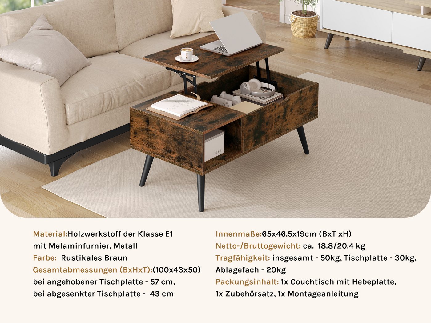 Woltu Couchtisch (1-St), Verstecktes Fach unter der Tischplatte, Anhebbare tischplatte – Bild 5 von 5