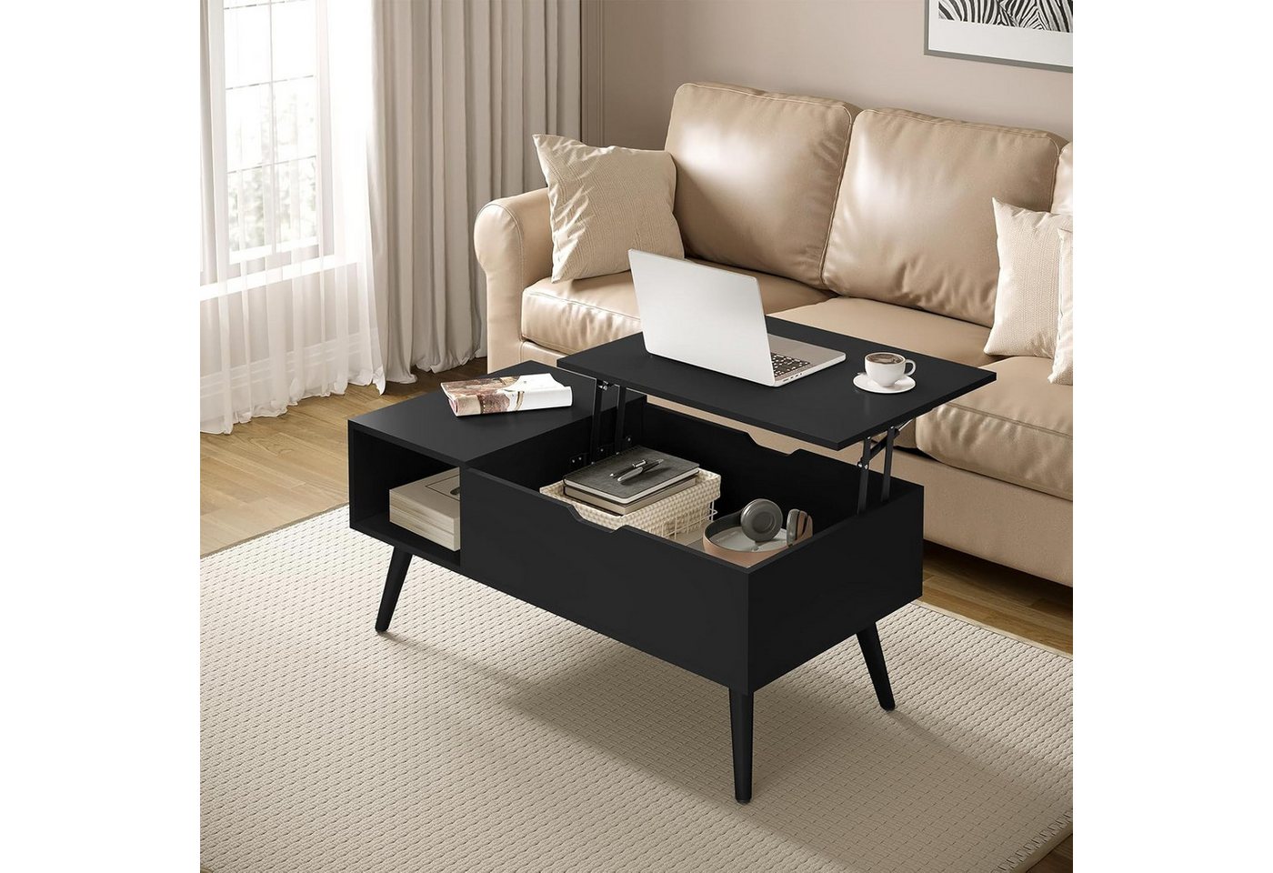 Woltu Couchtisch (1-St), Verstecktes Fach unter der Tischplatte, Anhebbare tischplatte – Bild 2 von 5