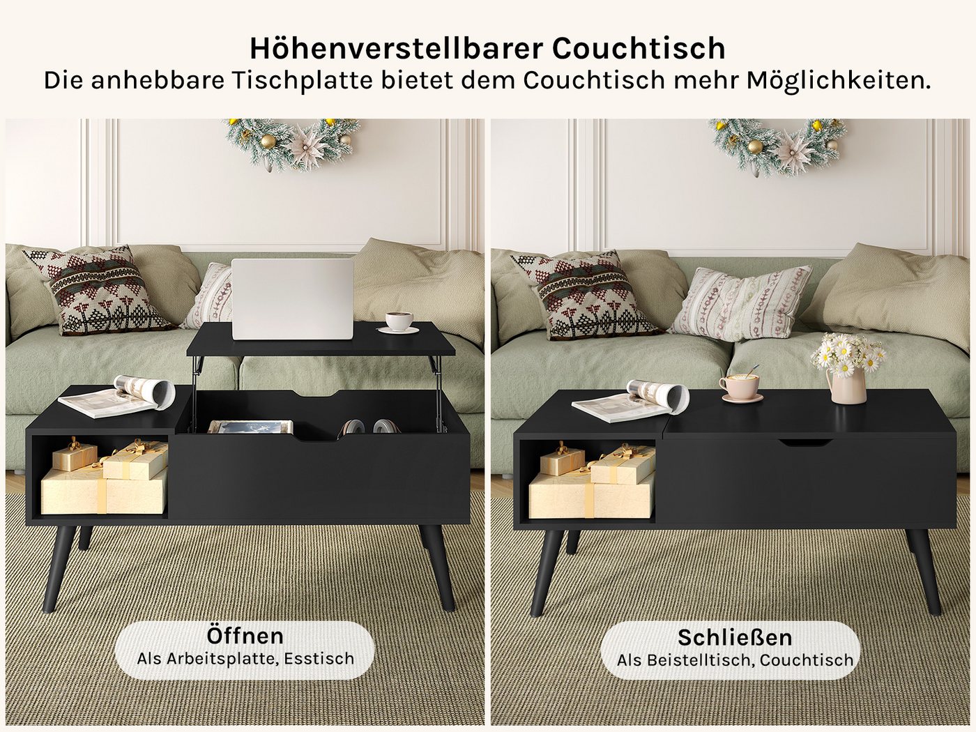 Woltu Couchtisch (1-St), Verstecktes Fach unter der Tischplatte, Anhebbare tischplatte – Bild 4 von 5