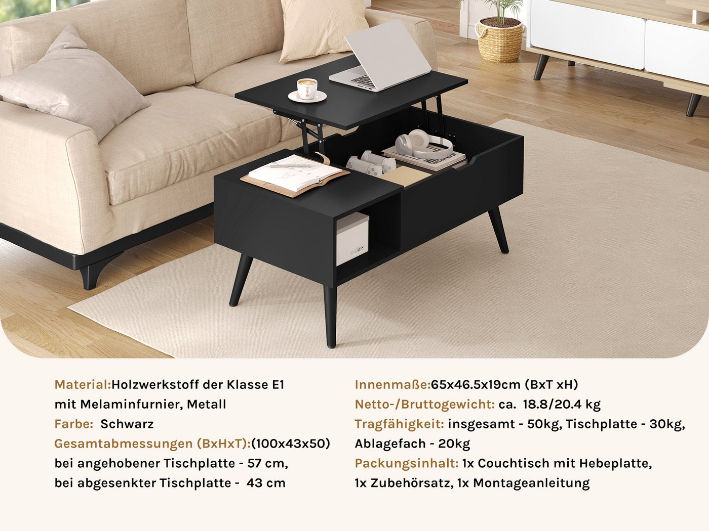 Woltu Couchtisch (1-St), Verstecktes Fach unter der Tischplatte, Anhebbare tischplatte – Bild 5 von 5