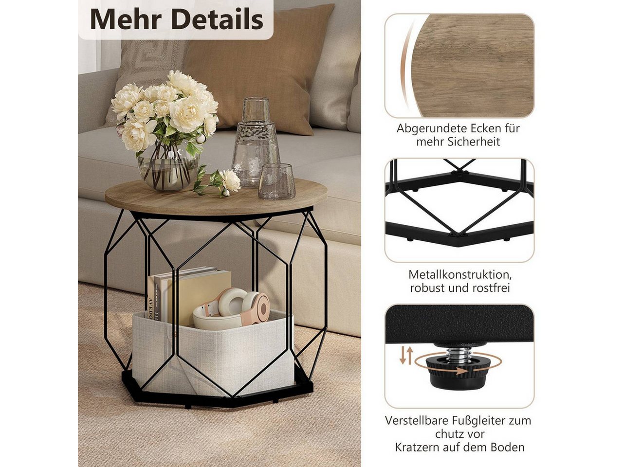 Woltu Couchtisch (2-St), mit runder Tischplatte Stauraum, Holzwerkstoff Metall – Bild 4 von 5