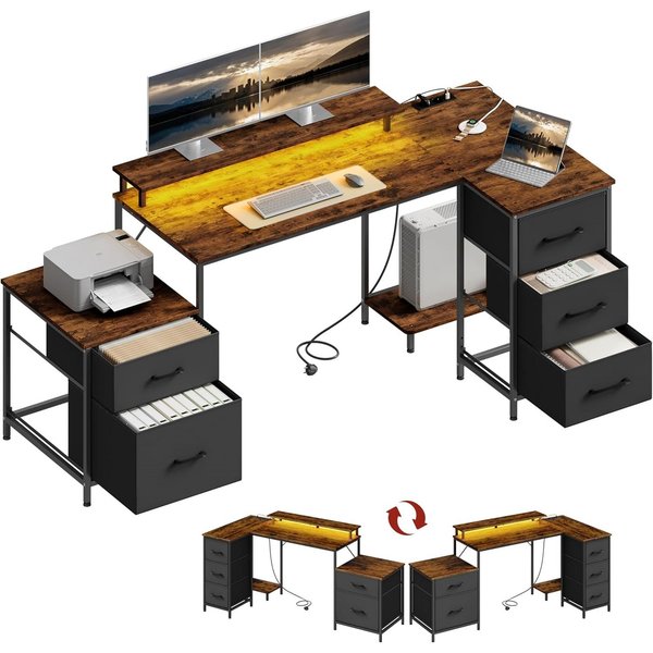 Woltu Eckschreibtisch, Schreibtisch L Form 180x80cm mit 5 Schubladen 2 Ablagen&Steckdosen LED