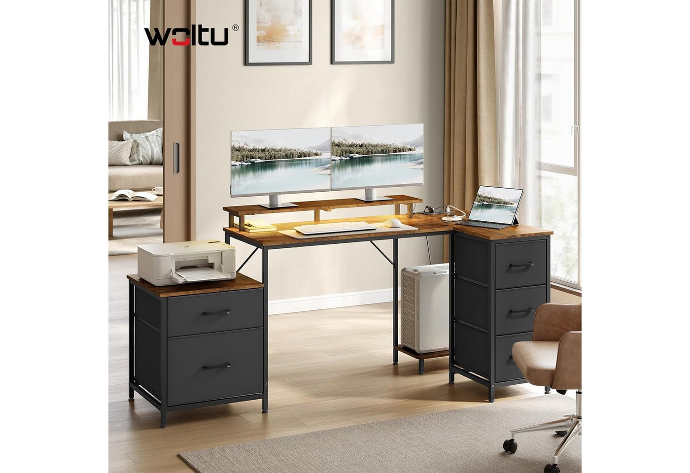 Woltu Eckschreibtisch, Schreibtisch L Form 180x80cm mit 5 Schubladen 2 Ablagen&Steckdosen LED – Bild 2 von 5