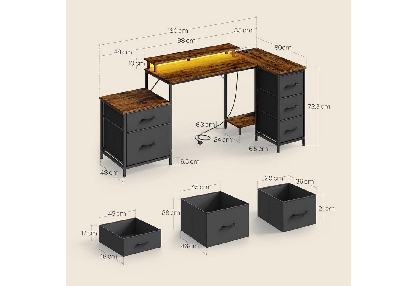 Woltu Eckschreibtisch, Schreibtisch L Form 180x80cm mit 5 Schubladen 2 Ablagen&Steckdosen LED – Bild 3 von 5