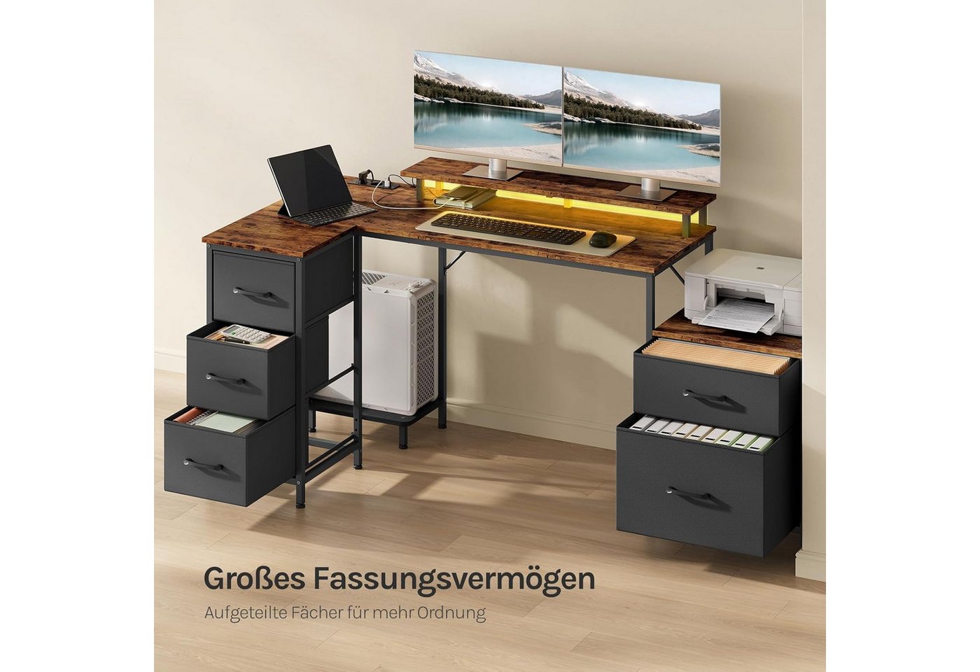 Woltu Eckschreibtisch, Schreibtisch L Form 180x80cm mit 5 Schubladen 2 Ablagen&Steckdosen LED – Bild 4 von 5