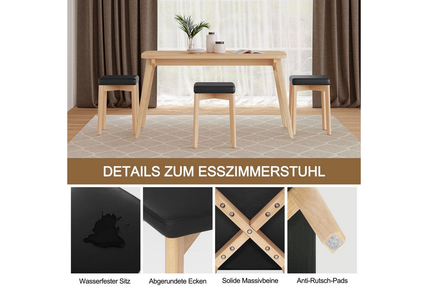 Woltu Esszimmerstuhl (2 St), Küchenstuhl aus Massivholz, Holzhocker stapelbar – Bild 5 von 5