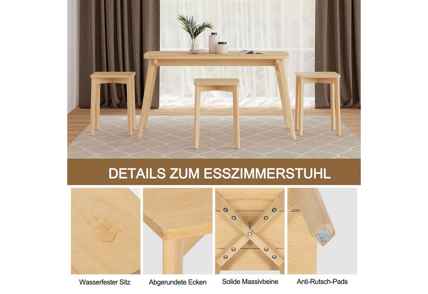 Woltu Esszimmerstuhl (2 St), Massivholz, stapelbar, ohne Lehne, Sitzhocker – Bild 5 von 5