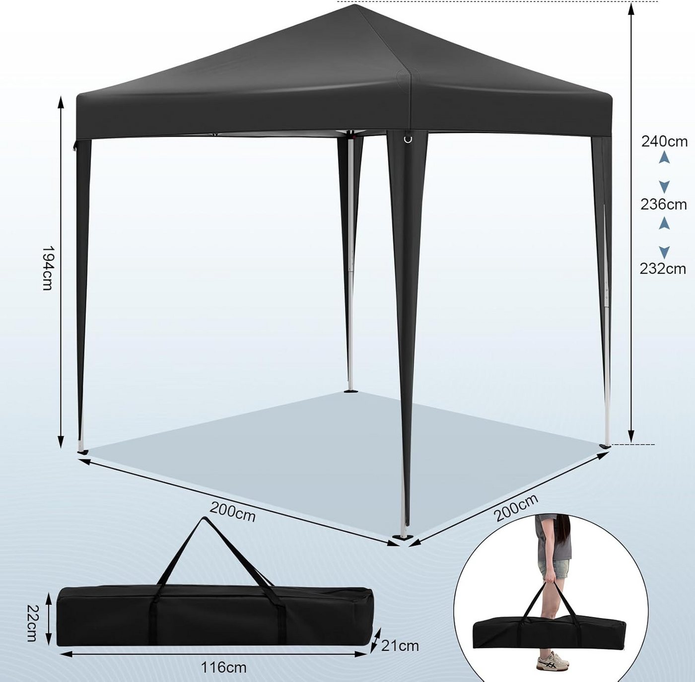 Woltu Faltpavillon, mit 4 Seitenteilen, 2x2 m, mit 4 Seitenteilen und 4 Sandsäcke, höhenverstellbarer – Bild 3 von 3