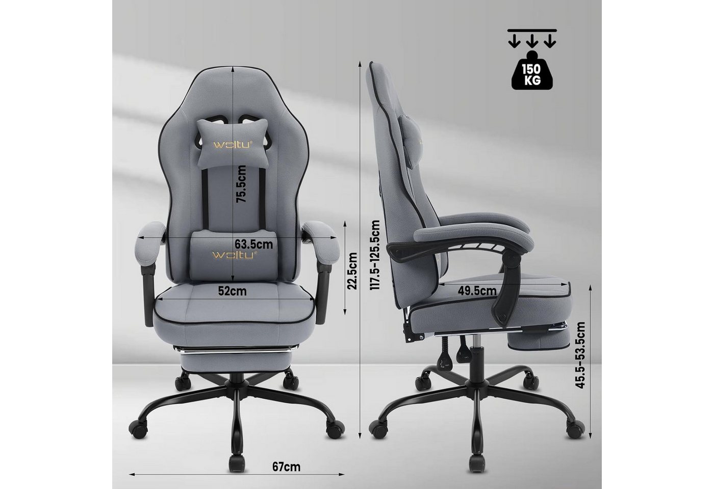 Woltu Gaming-Stuhl (1 St), mit Kopfkissen Lendenkissen Fußstütze, ergonomisch, Netzstoff – Bild 3 von 5