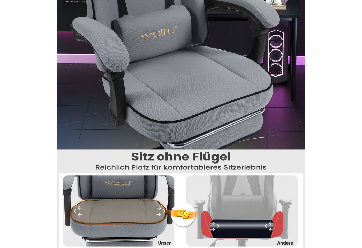 Woltu Gaming-Stuhl (1 St), mit Kopfkissen Lendenkissen Fußstütze, ergonomisch, Netzstoff – Bild 5 von 5
