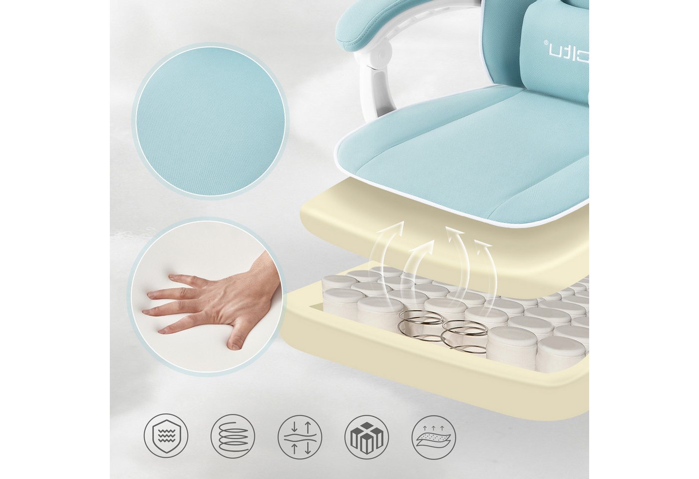 Woltu Gaming-Stuhl (1 St), mit Kopfkissen Lendenkissen Fußstütze, ergonomisch, Netzstoff – Bild 4 von 5