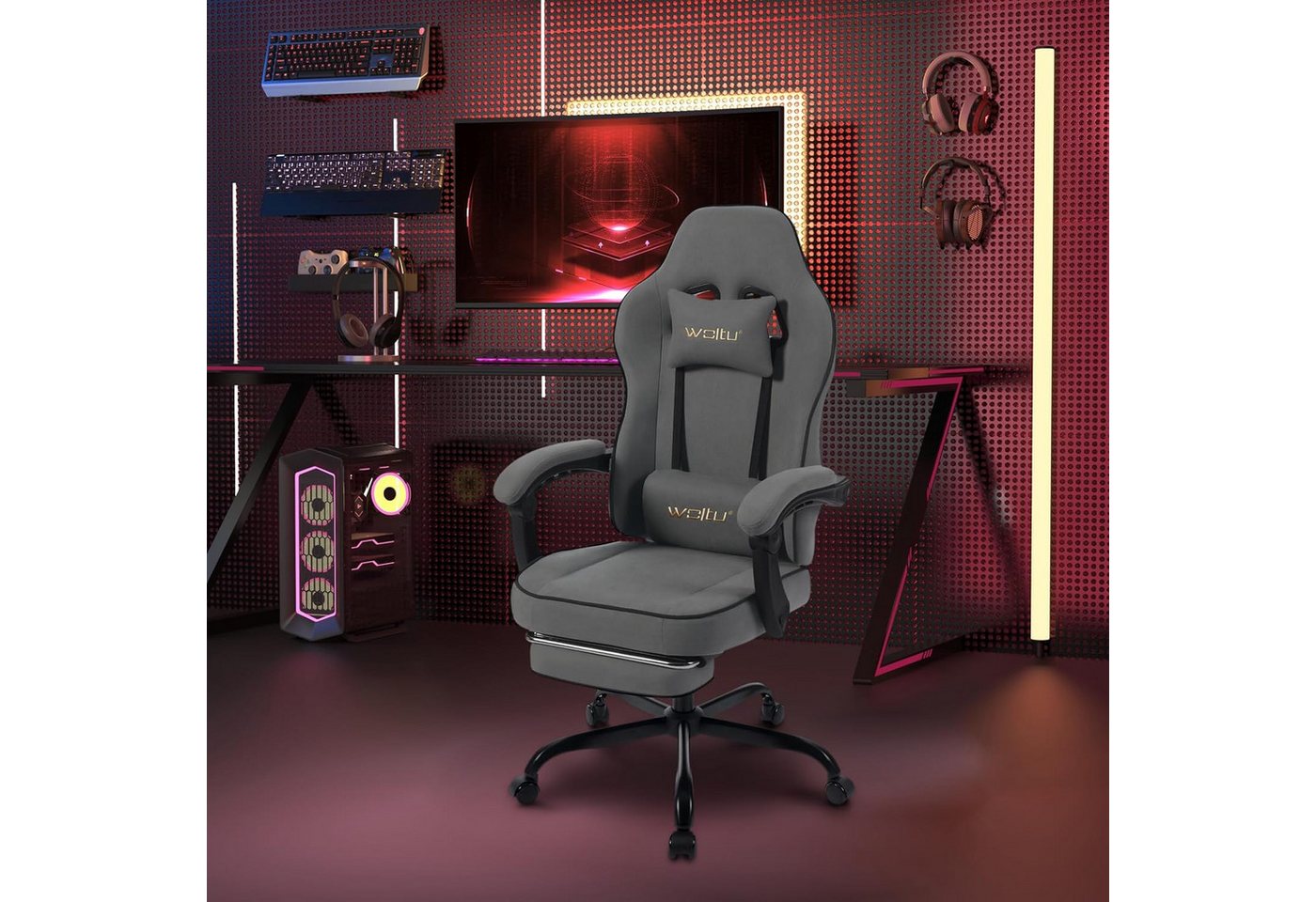 Woltu Gaming-Stuhl (1 St), mit Kopfkissen Lendenkissen Fußstütze ergonomisch, Tech-Stoff – Bild 2 von 5