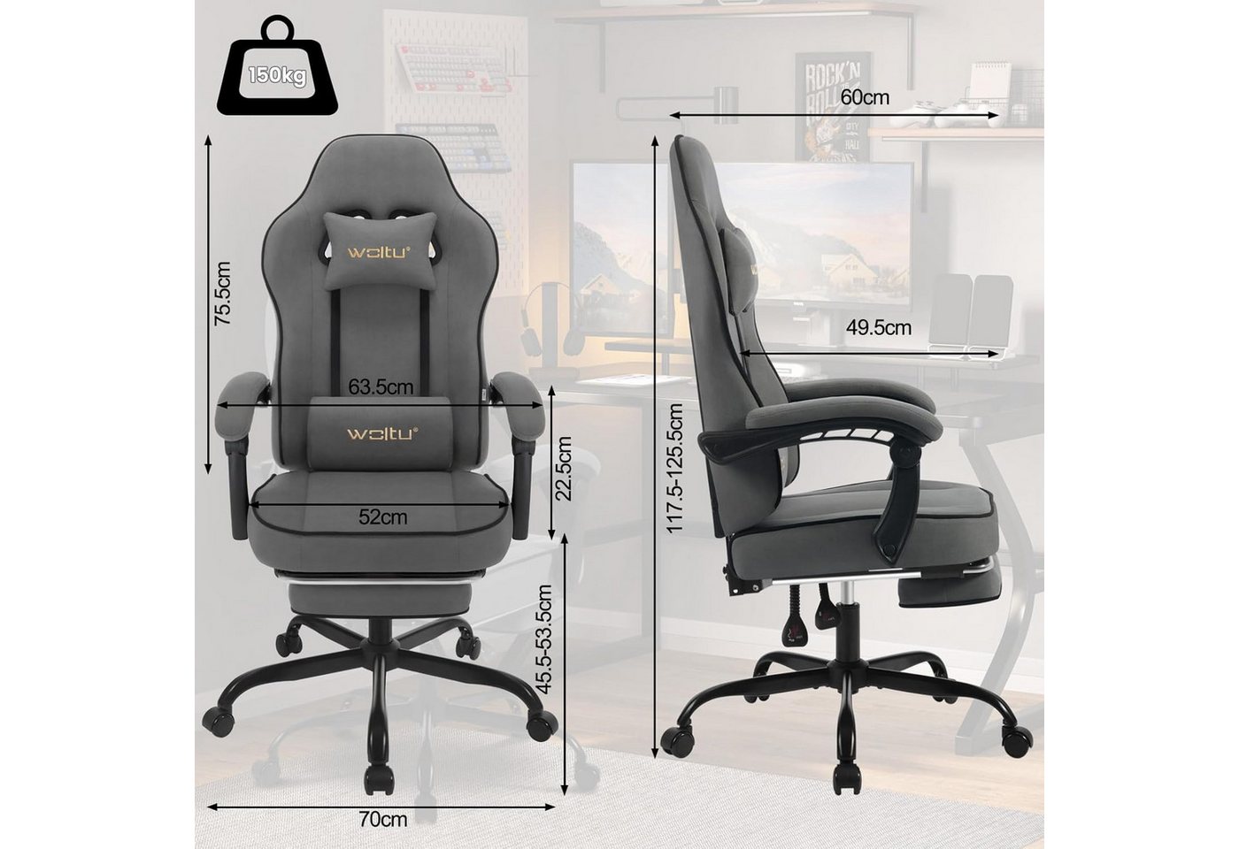 Woltu Gaming-Stuhl (1 St), mit Kopfkissen Lendenkissen Fußstütze ergonomisch, Tech-Stoff – Bild 3 von 5