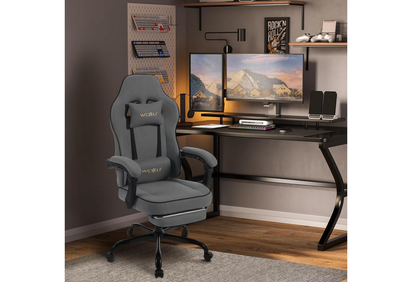 Woltu Gaming-Stuhl (1 St), mit Kopfkissen Lendenkissen Fußstütze ergonomisch, Tech-Stoff – Bild 4 von 5