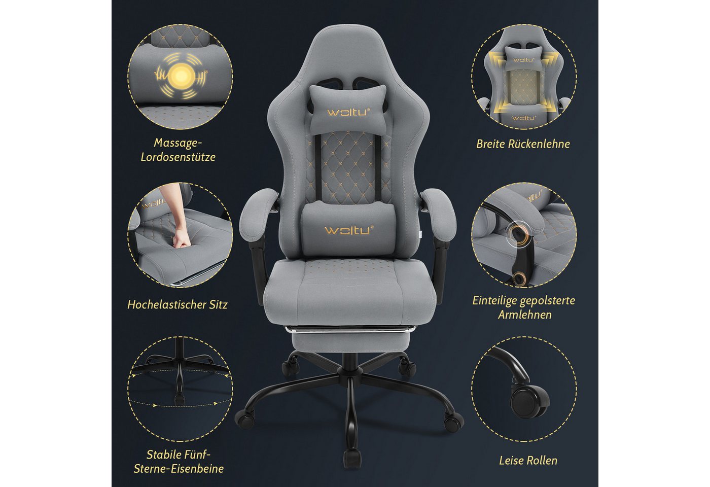 Woltu Gaming-Stuhl (1 St), mit Massagefunktion, ergonomisch, 150 kg, Netzstoff – Bild 5 von 5
