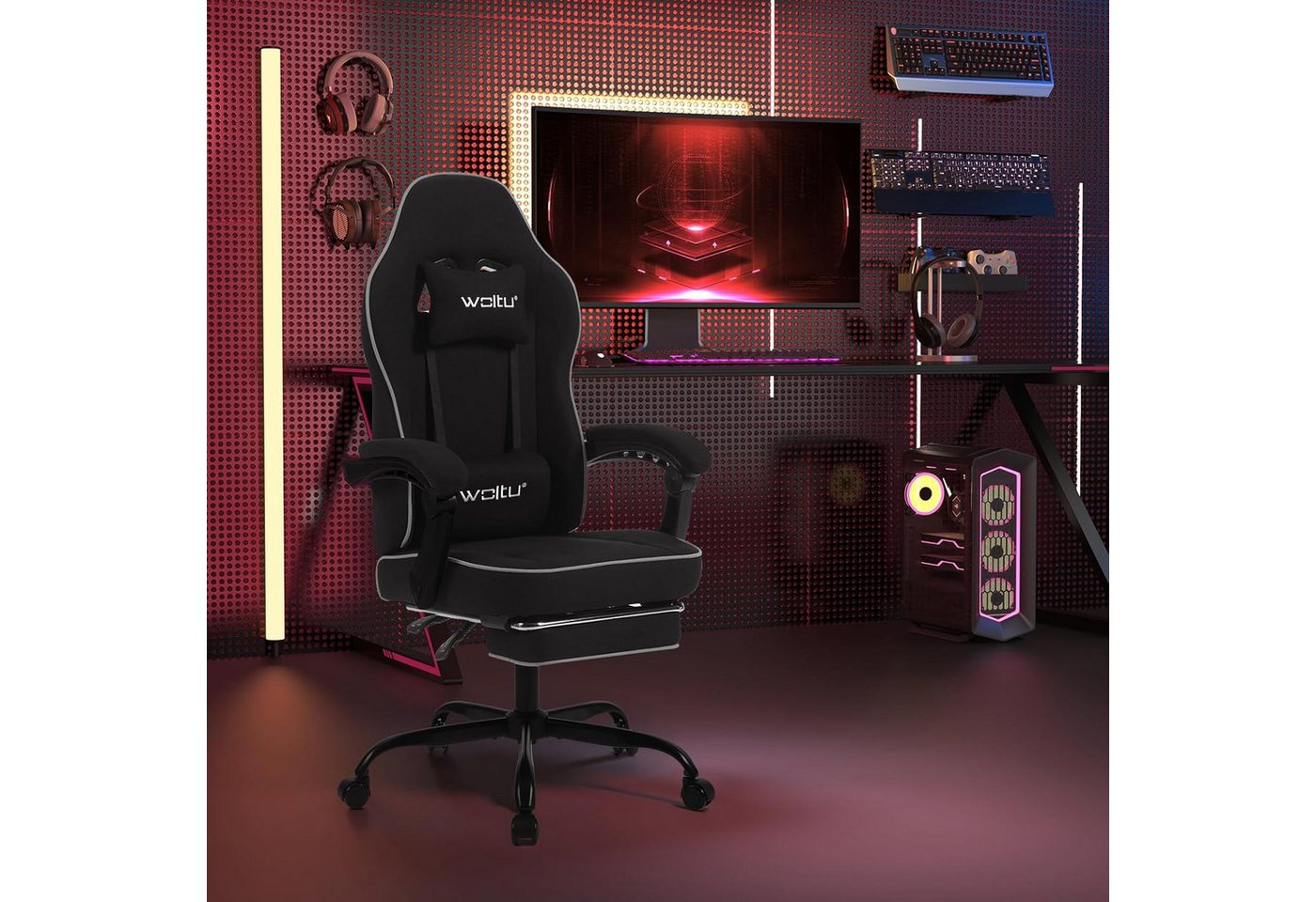 Woltu Gaming-Stuhl (1 St), mit Kopfkissen Lendenkissen Fußstütze, ergonomisch, Netzstoff – Bild 2 von 5