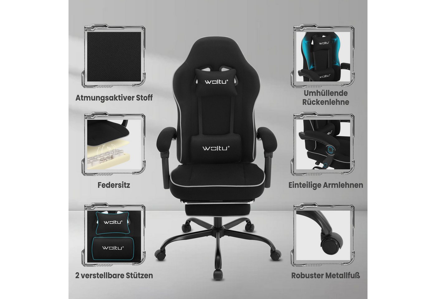 Woltu Gaming-Stuhl (1 St), mit Kopfkissen Lendenkissen Fußstütze, ergonomisch, Netzstoff – Bild 4 von 5