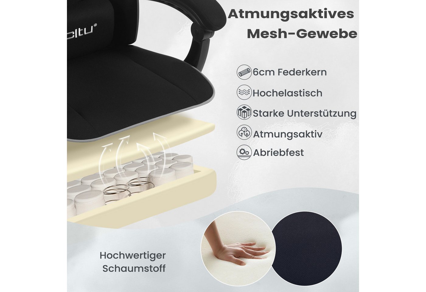 Woltu Gaming-Stuhl (1 St), mit Kopfkissen Lendenkissen Fußstütze, ergonomisch, Netzstoff – Bild 5 von 5