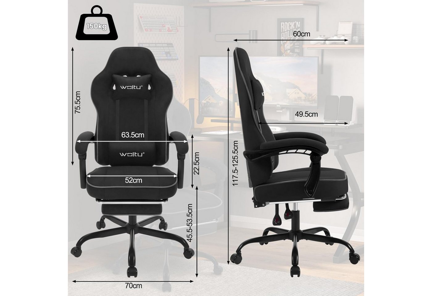 Woltu Gaming-Stuhl (1 St), mit Kopfkissen Lendenkissen Fußstütze ergonomisch, Tech-Stoff – Bild 3 von 5
