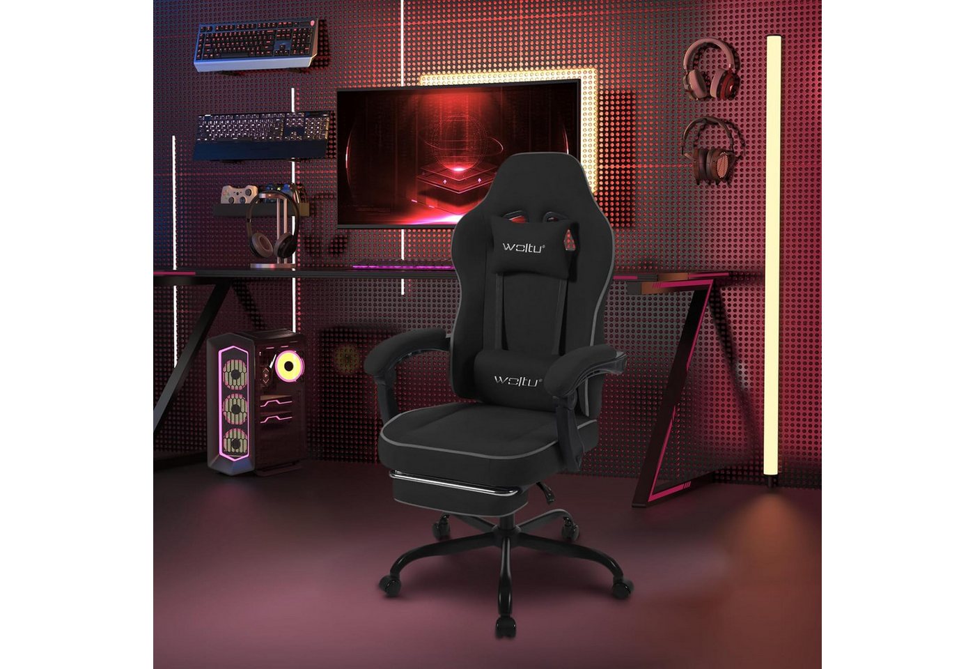 Woltu Gaming-Stuhl (1 St), mit Kopfkissen Lendenkissen Fußstütze ergonomisch, Tech-Stoff – Bild 4 von 5