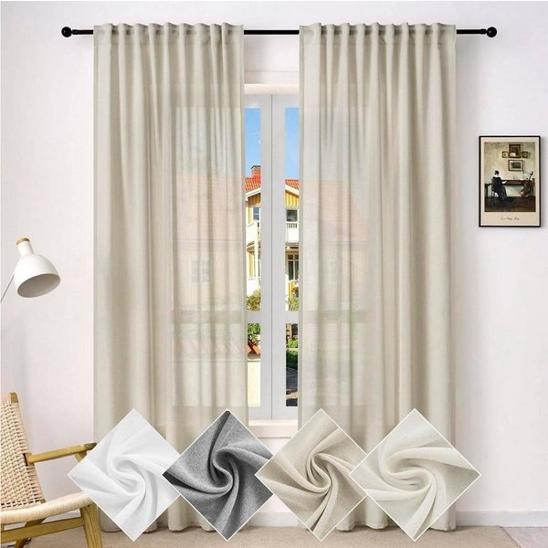 Woltu Gardine (2 St), Kräuselband, halbtransparent, Vorhänge Leinenoptik
