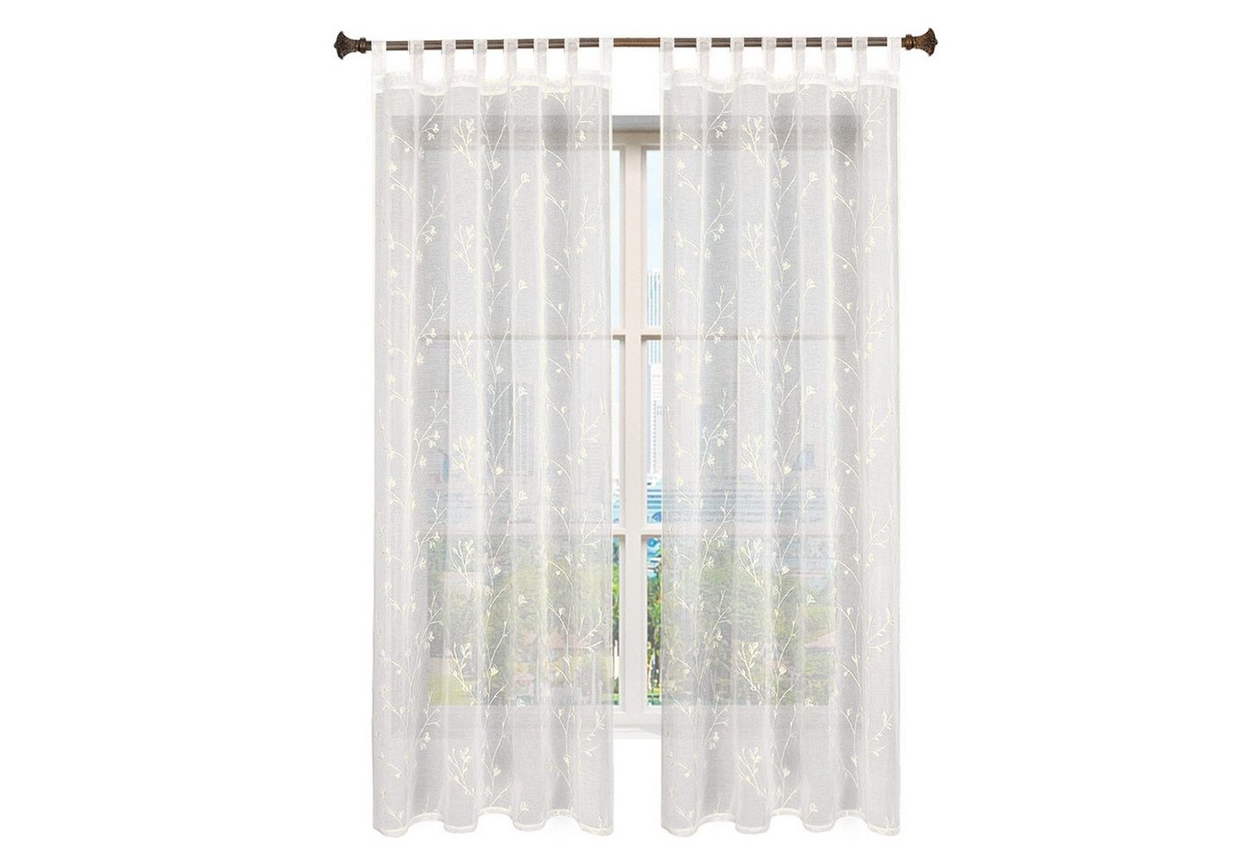 Woltu Gardine (2 St), halbtransparent, Blumen Stickerei mit Schlaufen Leinen Optik – Bild 5 von 5
