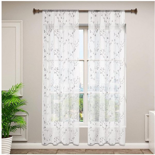 Woltu Gardine (2 St), halbtransparent, transparent Stickerei mit Kräuselband Leinen Optik