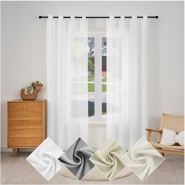 Woltu Gardine (2 St), Ösen, halbtransparent, Vorhänge Leinenoptik