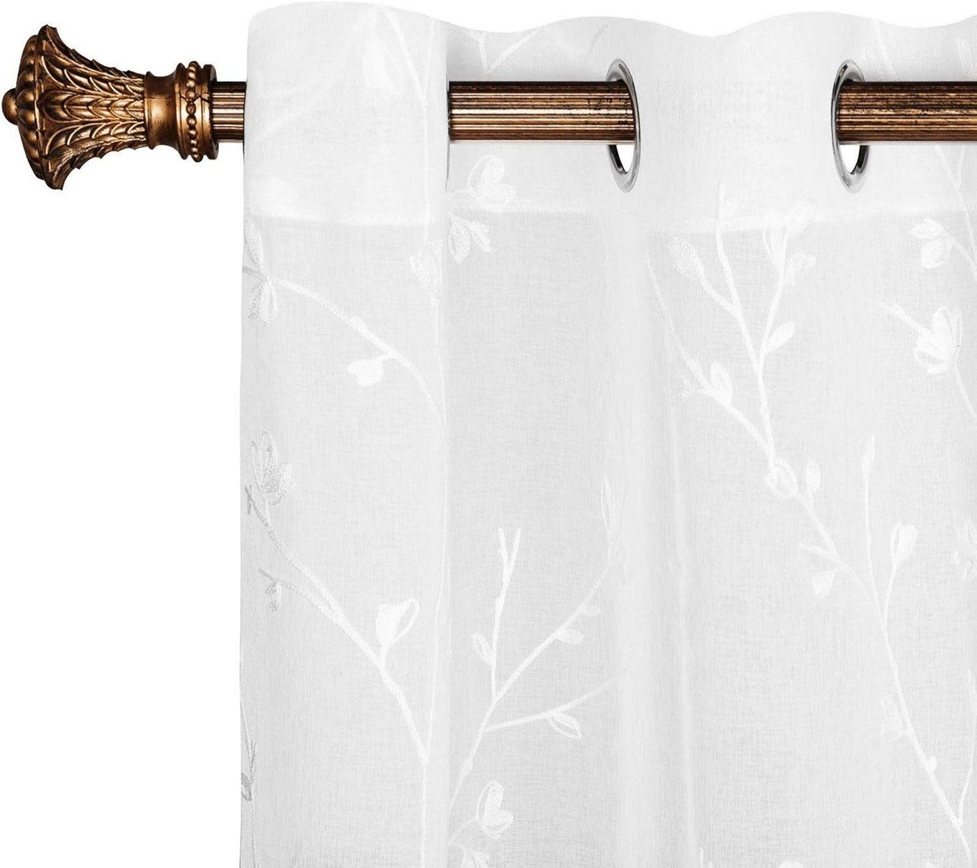 Woltu Gardine (2 St), transparent Blumen Stickerei mit Ösen Leinen Optik – Bild 2 von 5