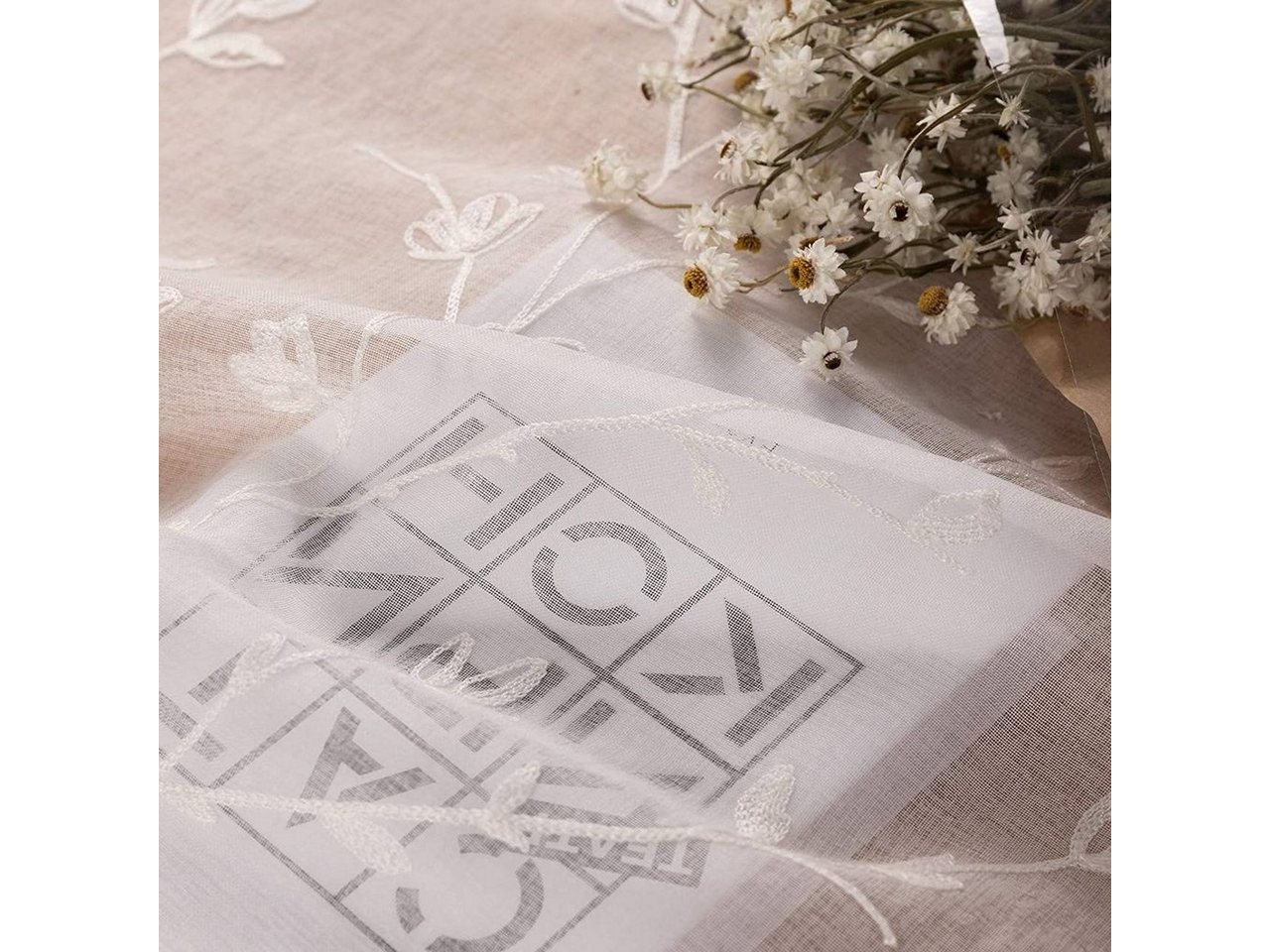Woltu Gardine (2 St), transparent Blumen Stickerei mit Ösen Leinen Optik – Bild 5 von 5