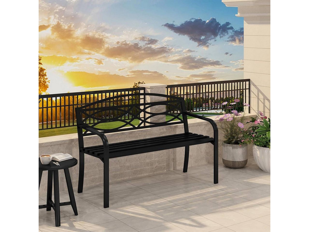 Woltu Gartenbank (1-St), Sitzbank Outdoor, Metall wetterfest, 127x83x59,5 cm, Schwarz – Bild 2 von 5