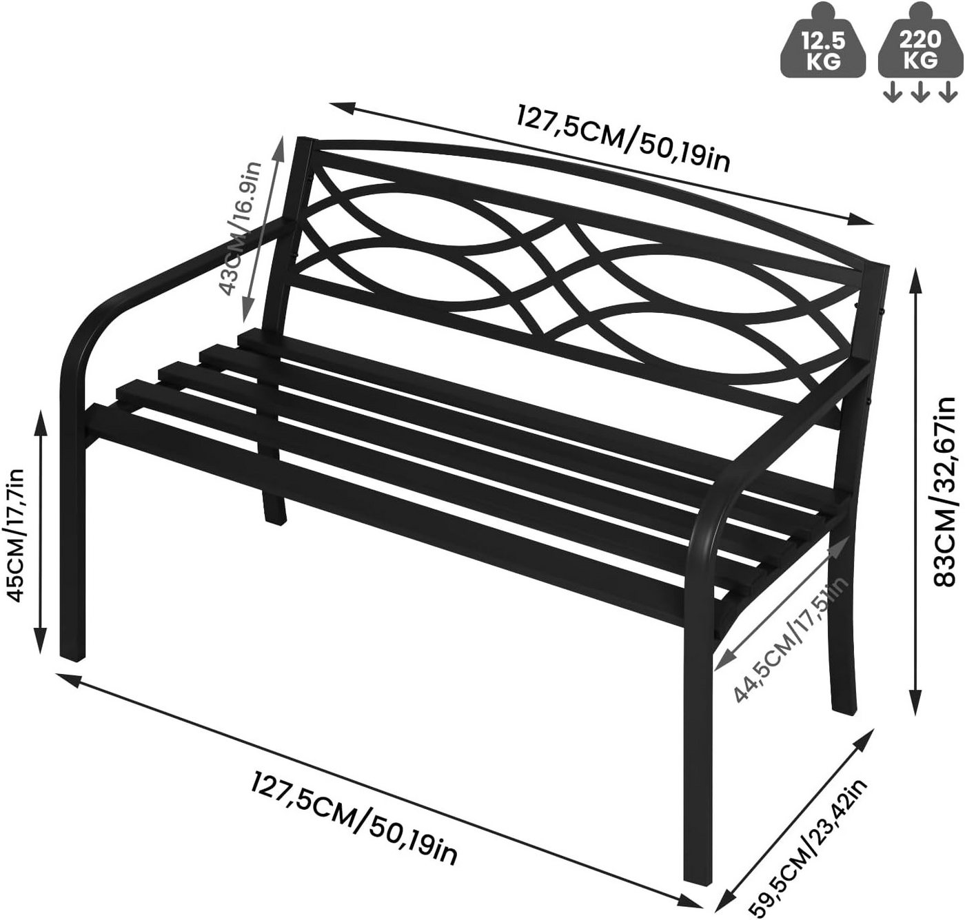 Woltu Gartenbank (1-St), Sitzbank Outdoor, Metall wetterfest, 127x83x59,5 cm, Schwarz – Bild 3 von 5