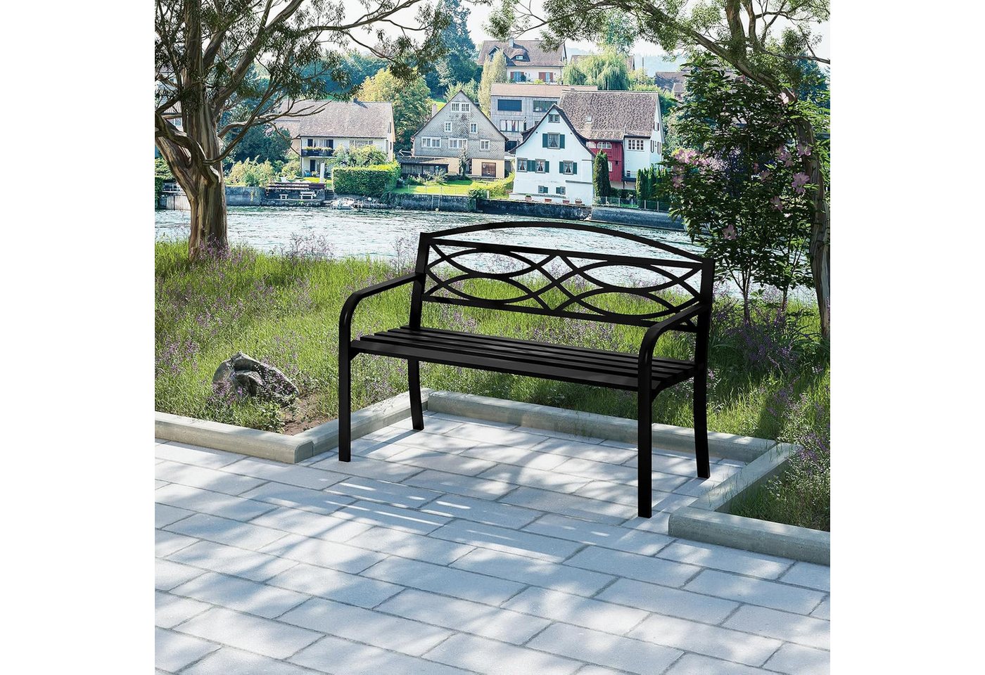 Woltu Gartenbank (1-St), Sitzbank Outdoor, Metall wetterfest, 127x83x59,5 cm, Schwarz – Bild 4 von 5