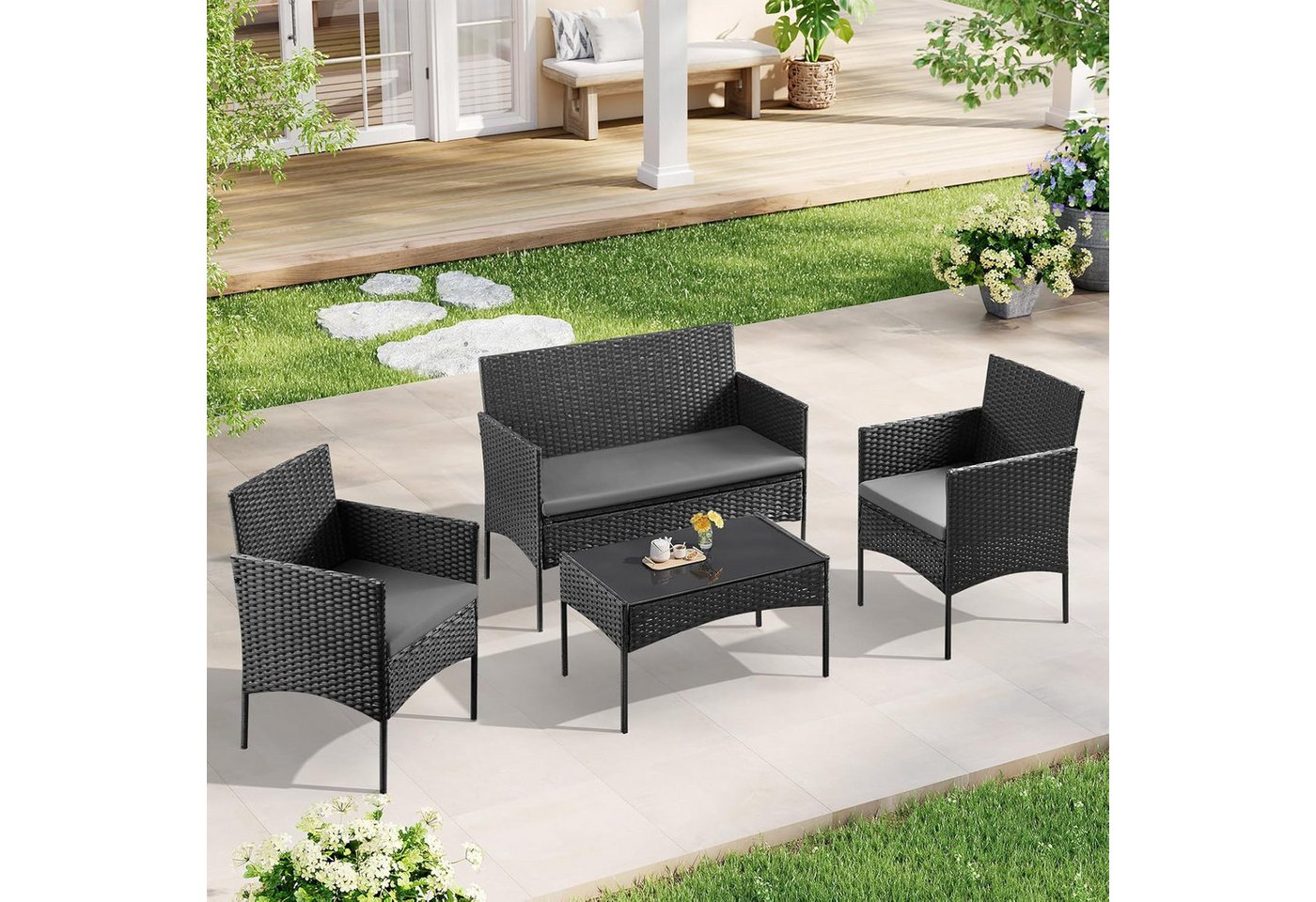 Woltu Gartenlounge-Set, (4-tlg., 1 Sofa, 2 Sessel, 1 Couchtisch), Gartenmöbel-Set, mit Metallrahmen und Sicherheitsglas – Bild 2 von 5