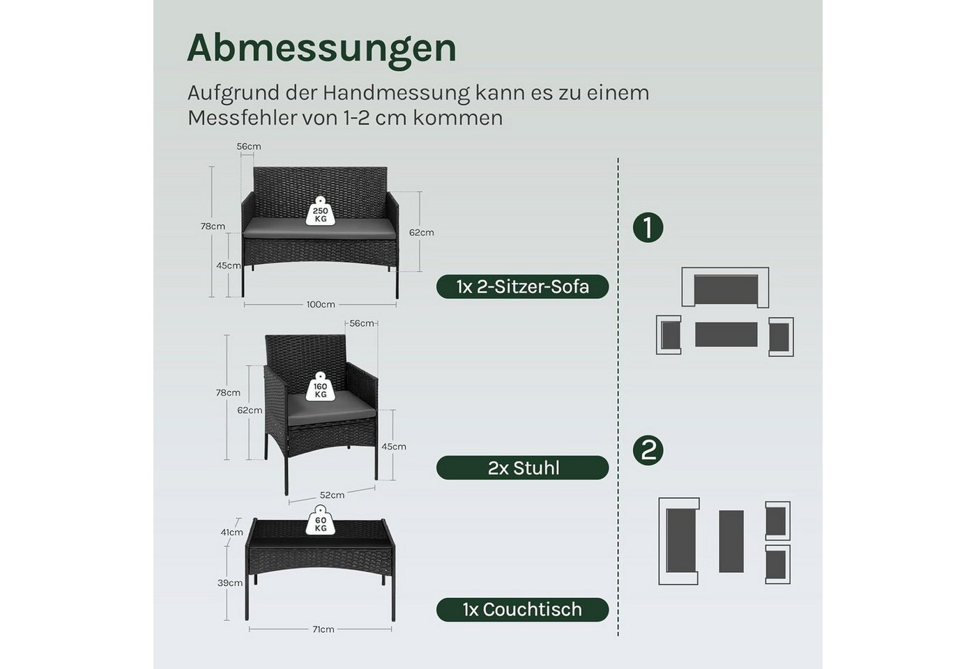 Woltu Gartenlounge-Set, (4-tlg., 1 Sofa, 2 Sessel, 1 Couchtisch), Gartenmöbel-Set, mit Metallrahmen und Sicherheitsglas – Bild 3 von 5