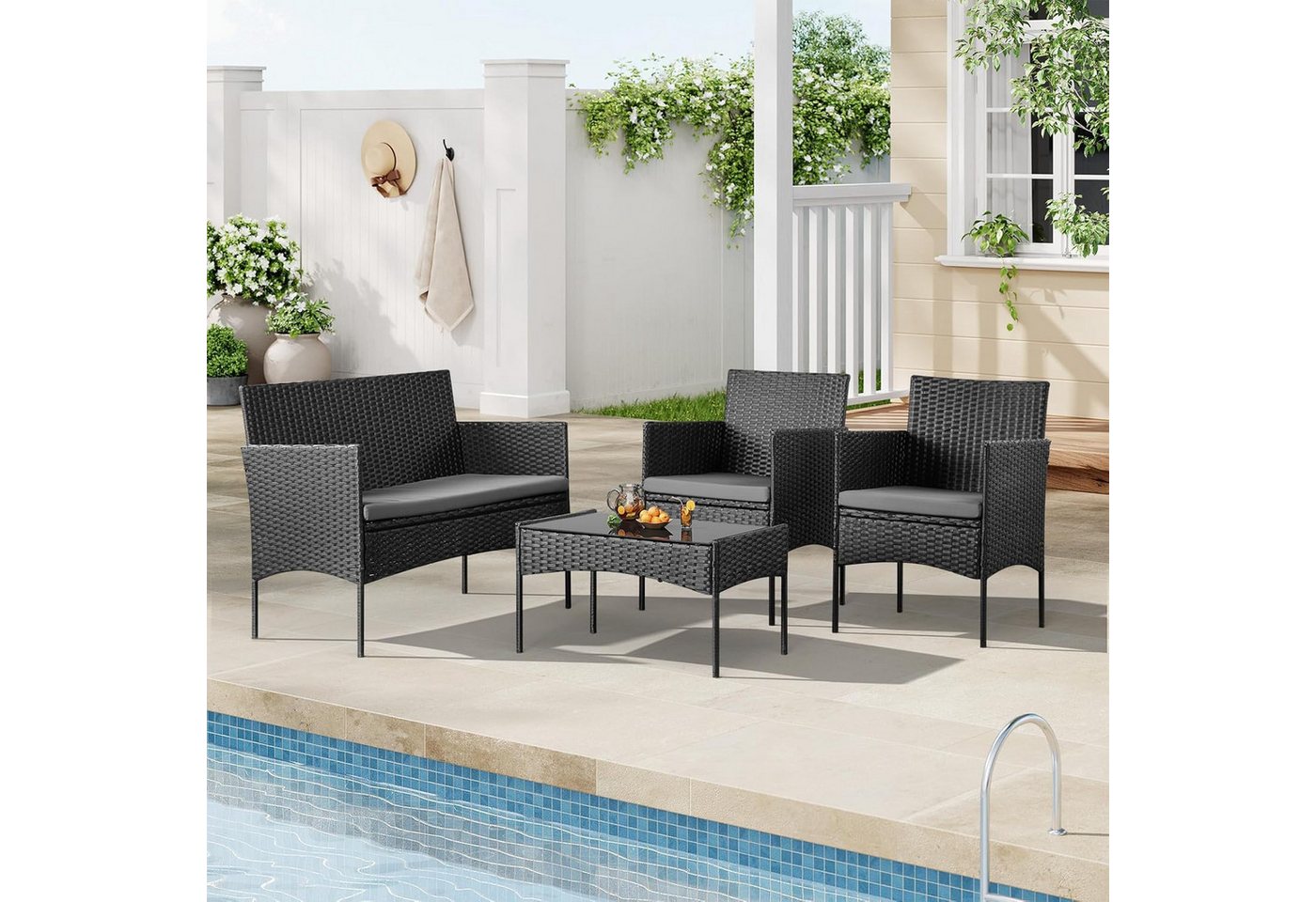 Woltu Gartenlounge-Set, (4-tlg., 1 Sofa, 2 Sessel, 1 Couchtisch), Gartenmöbel-Set, mit Metallrahmen und Sicherheitsglas – Bild 4 von 5