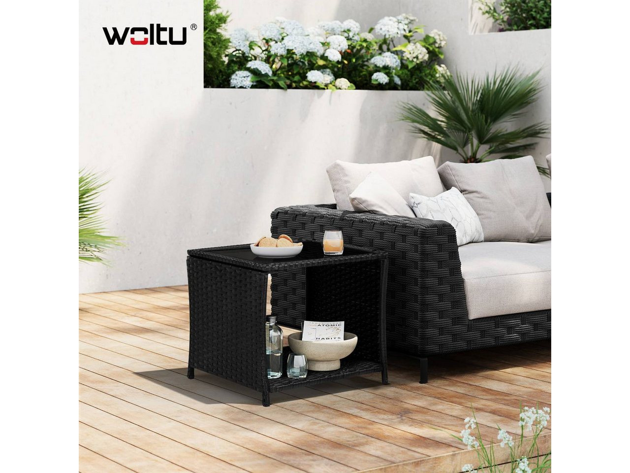 Woltu Gartentisch (1-St), mit Glasplatte offenem Fach, Balkontisch wetterfest, Schwarz – Bild 2 von 5