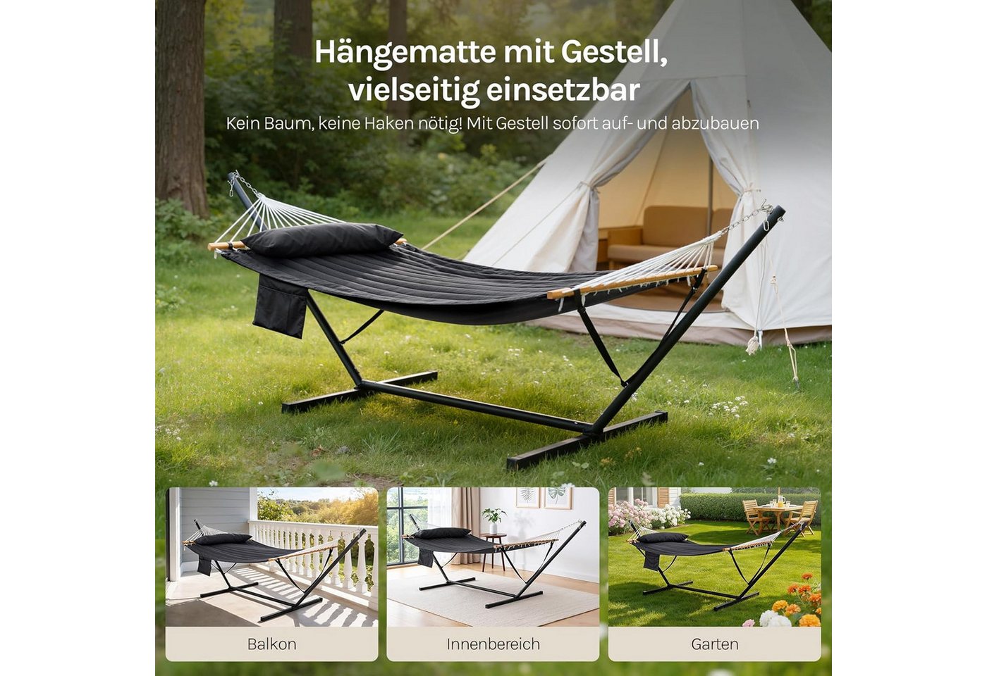 Woltu Hängematte (1 St), 250KG belastbar Doppelhängematte mit Kissen – Bild 3 von 5