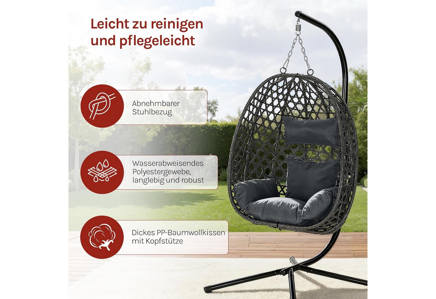 Woltu Hängesessel (1-St), mit Kissen und Kopfstütze, bis 150kg belastbar – Bild 4 von 5